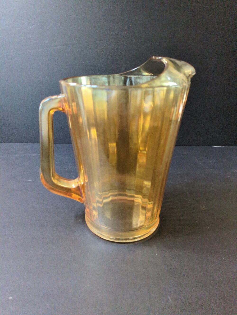 Jeannette Carnival Glass Pitcher Ice Lip Marigold Orange 8.5" Iridescent Vintage